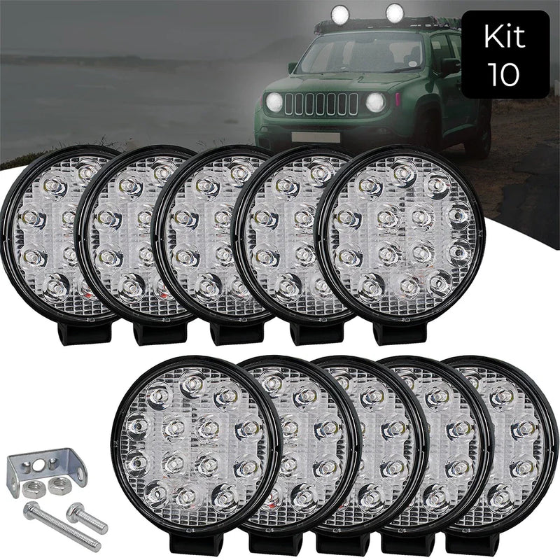 Kit com 10 Faróis de Milha Off-Road 14 LEDs Redondo - 42W de Potência