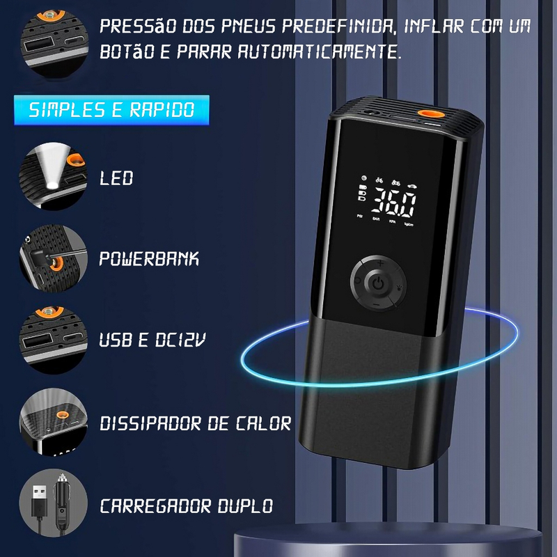 Compressor de Ar e PowerBank Portátil 12V 120W para Carro, Moto, Bicicleta, Bola - A693