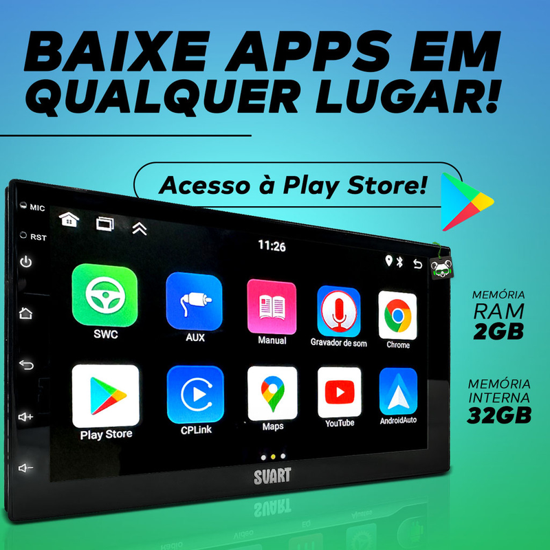 Central Multimidia Android 13 2GB 7 Pol Carplay e Android Auto